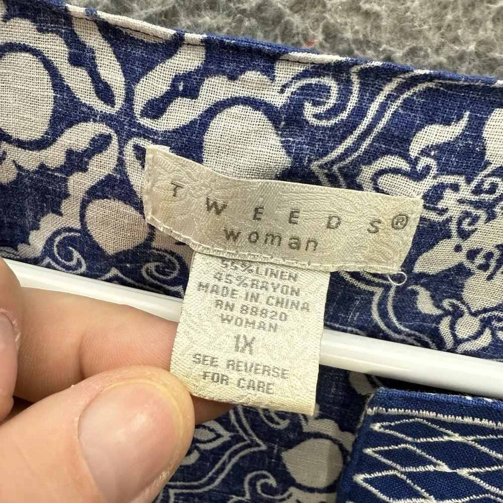 Tweeds Shirt‎ Womens 1X Blue White Geometric Embroidered Linen Blend Coastal
